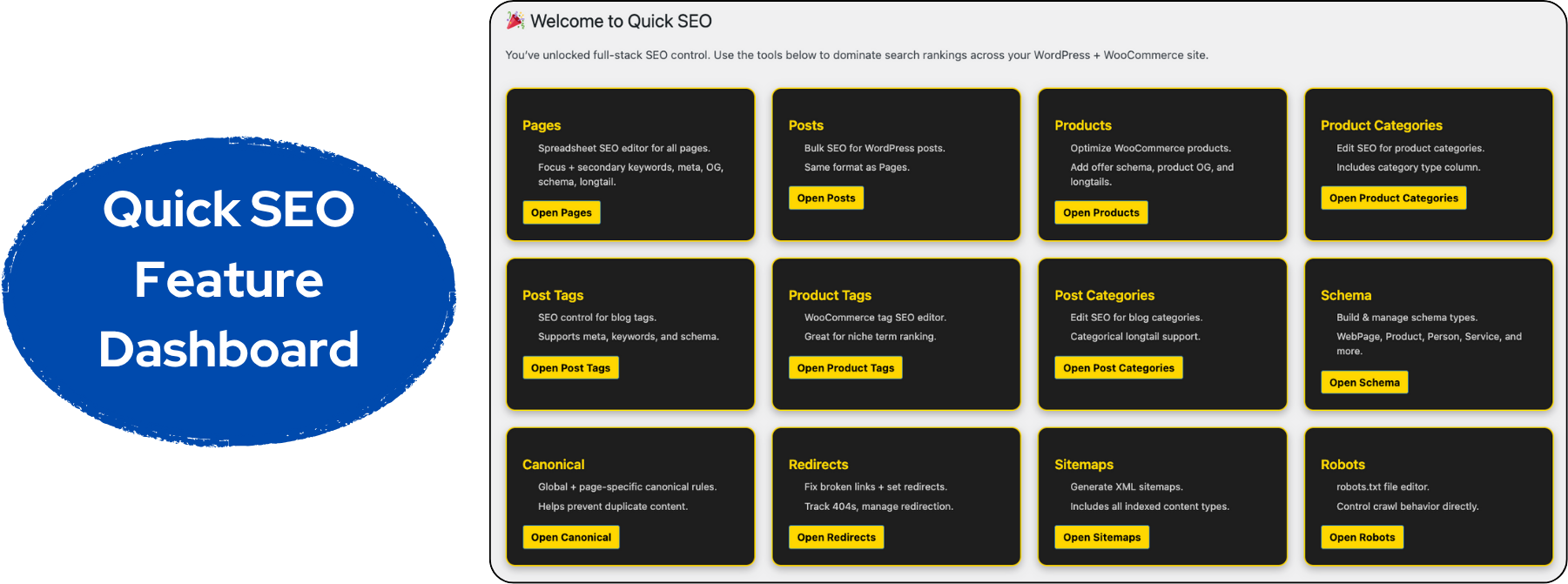 Quick SEO Feature Dashboard Screenshot