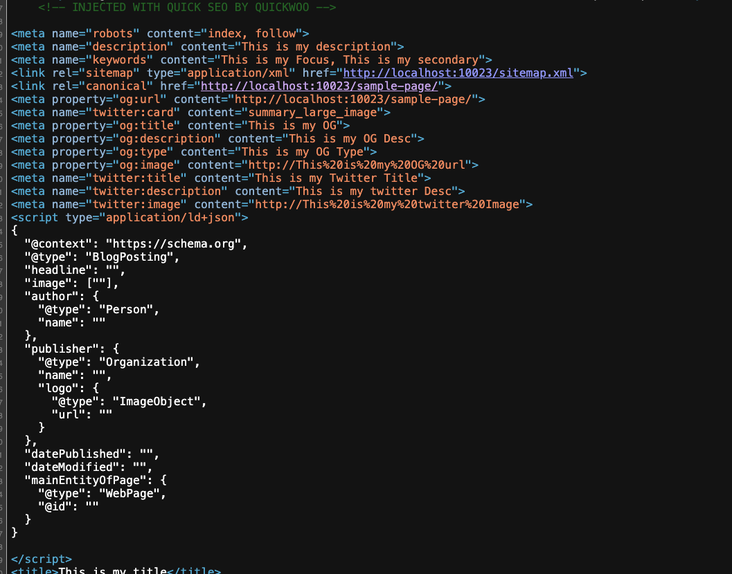 HTML head tag screenshot of Quick SEO inserted data