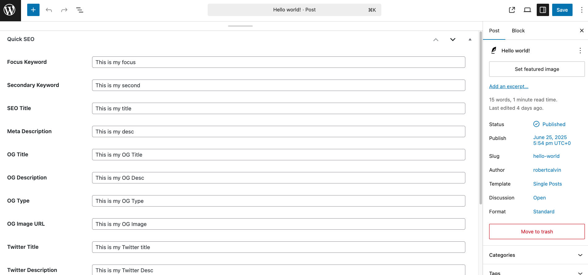 Quick SEO Meta Box screenshot from posts edit page