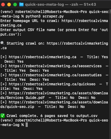 Quick SEO Meta Log Screenshot of CLI Running and taking in an URL and producing a CSV output