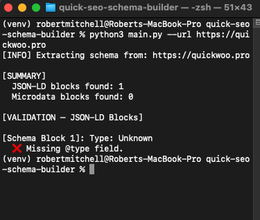 Quick SEO Schema Builder Python CLI Main Terminal Screenshot